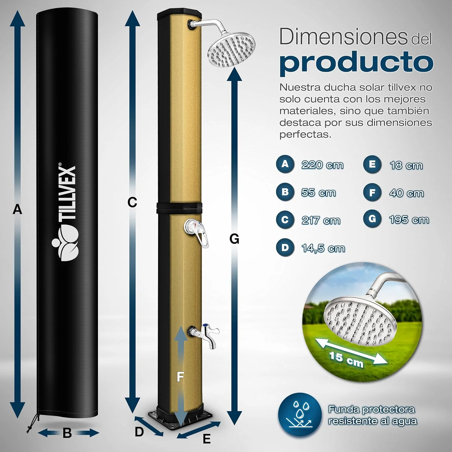 tillvex Ducha Solar con Cubierta Protectora | Ducha Solar de jardín Agua Caliente | Ducha de Piscina sin conexión eléctrica | con Grifo y Cabezal de Ducha de Lluvia (Negro/Oro, 35 litros) - Imagen 5