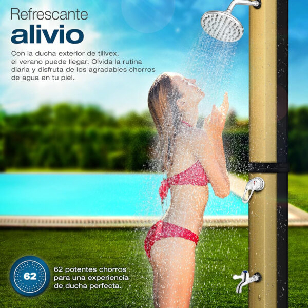 tillvex Ducha Solar con Cubierta Protectora | Ducha Solar de jardín Agua Caliente | Ducha de Piscina sin conexión eléctrica | con Grifo y Cabezal de Ducha de Lluvia (Negro/Oro, 35 litros) - Imagen 6