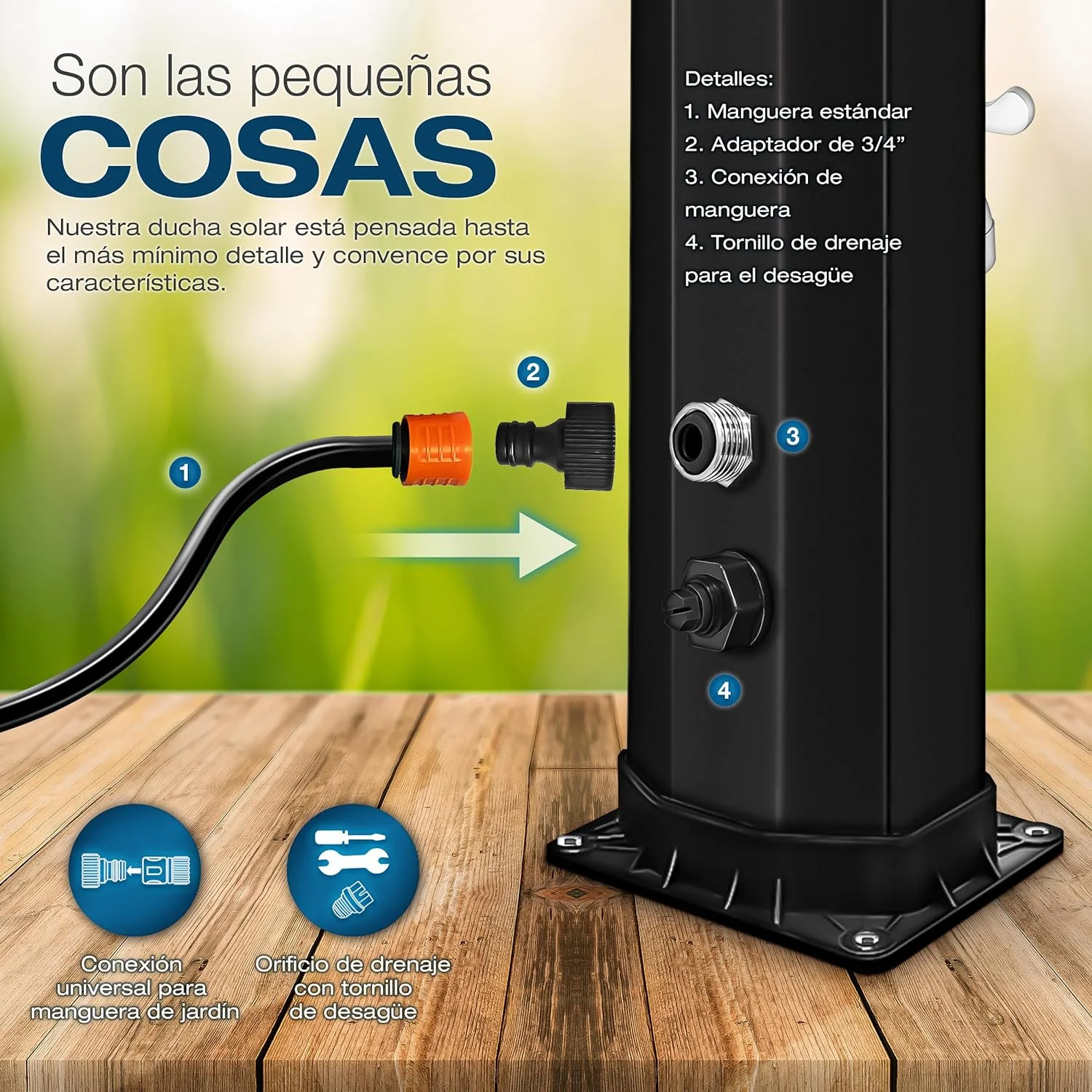 tillvex Ducha Solar con Cubierta Protectora | Ducha Solar de jardín Agua Caliente | Ducha de Piscina sin conexión eléctrica | con Grifo y Cabezal de Ducha de Lluvia (Negro/Oro, 35 litros) - Imagen 8