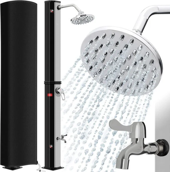 KESSER® Ducha de Jardín 35 litros | Ducha Solar con Agua Caliente Máximo 60 °C | Incluye Cubierta Protectora | sin conexión a la Red eléctrica | Ducha de Piscina Camping Lluvia y Grifo, Negro/Plata