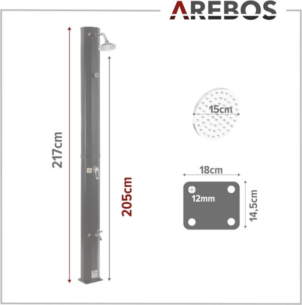 Arebos Ducha Solar | 35 litros | 216cm | con termómetro Integrado | Incl.Portada | Cabezal de Ducha Redondo | con Ducha de pies | Ducha de jardín con conexión para Manguera de jardín | Negro - Imagen 6