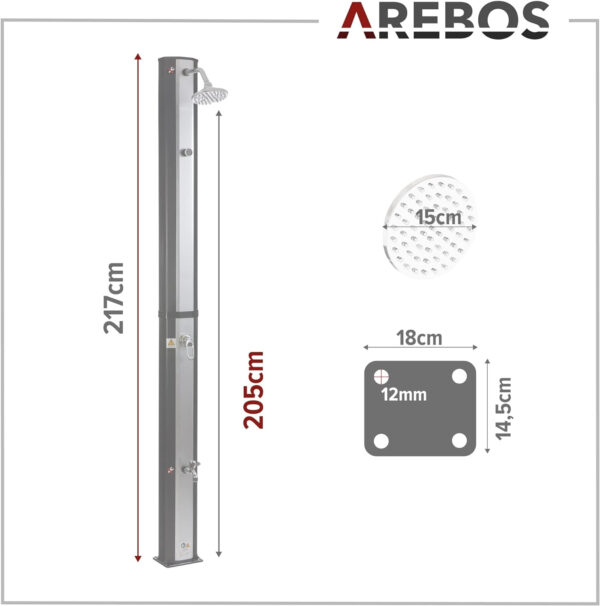 Arebos Ducha Solar | 35 litros | 216cm | con termómetro Integrado | Incl.Portada | Cabezal de Ducha Redondo | con Ducha de pies | Ducha de jardín con conexión para Manguera de jardín - Imagen 5