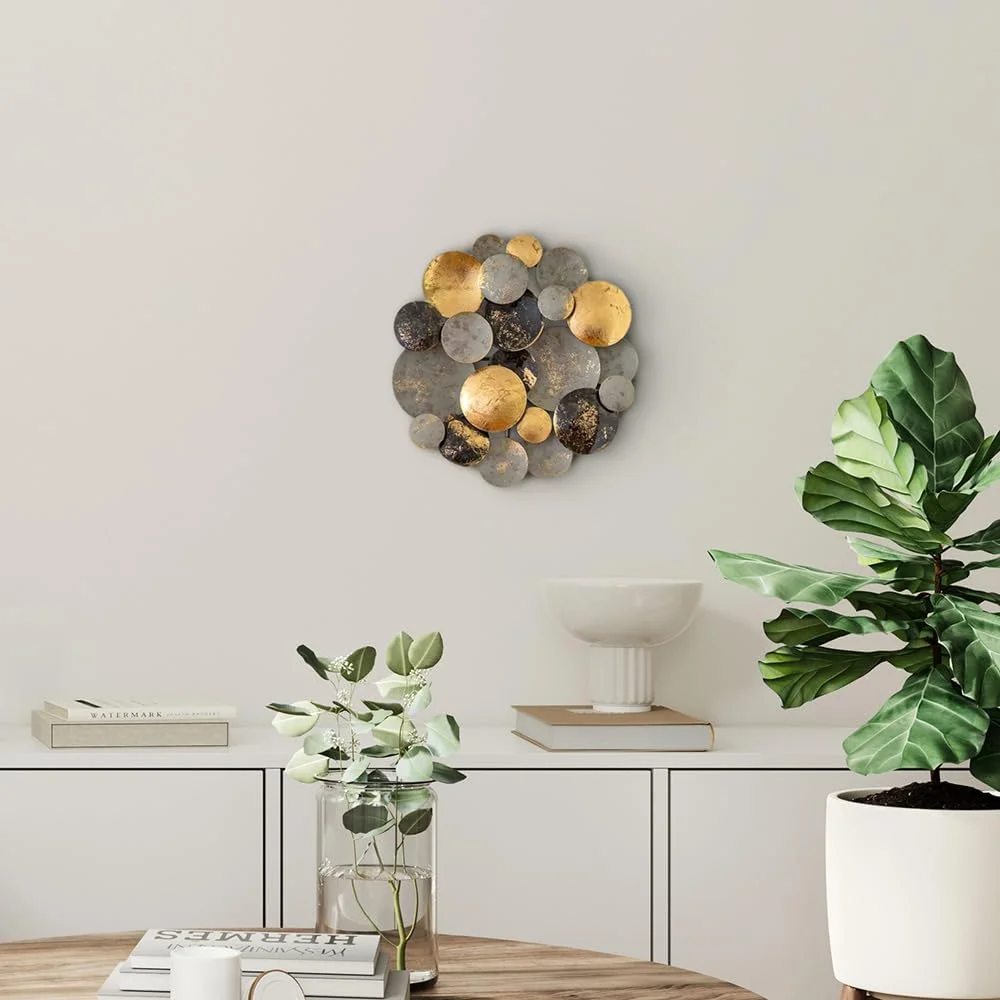 ZEYA Decoración de pared de metal de 30 cm de diámetro, 3D redonda, escultura de pared de metal en color dorado, negro y gris, cuadro de metal 3D como decoración perfecta para el salón - Imagen 5