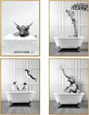 WADBTP Cuadros de baño, imágenes en blanco y negro, imágenes divertidas de animales en la bañera para sala de estar, baño, dormitorio, decoración, sin marco, (4 unidades DW3, 4 unidades, 30 x 40 cm)