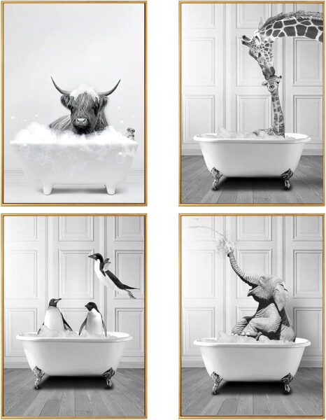 WADBTP Cuadros de baño, imágenes en blanco y negro, imágenes divertidas de animales en la bañera para sala de estar, baño, dormitorio, decoración, sin marco, (4 unidades DW3, 4 unidades, 30 x 40 cm)