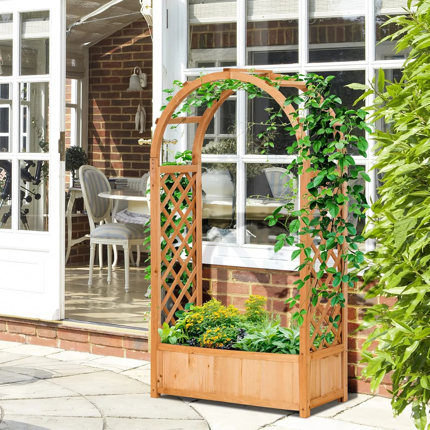 Outsunny Jardinera Enrejado con Arco Macetero con Soporte para Trepadoras Jardinera con Celosía Cultivos Plantas Flores Decoración en Jardín Terraza - Imagen 3