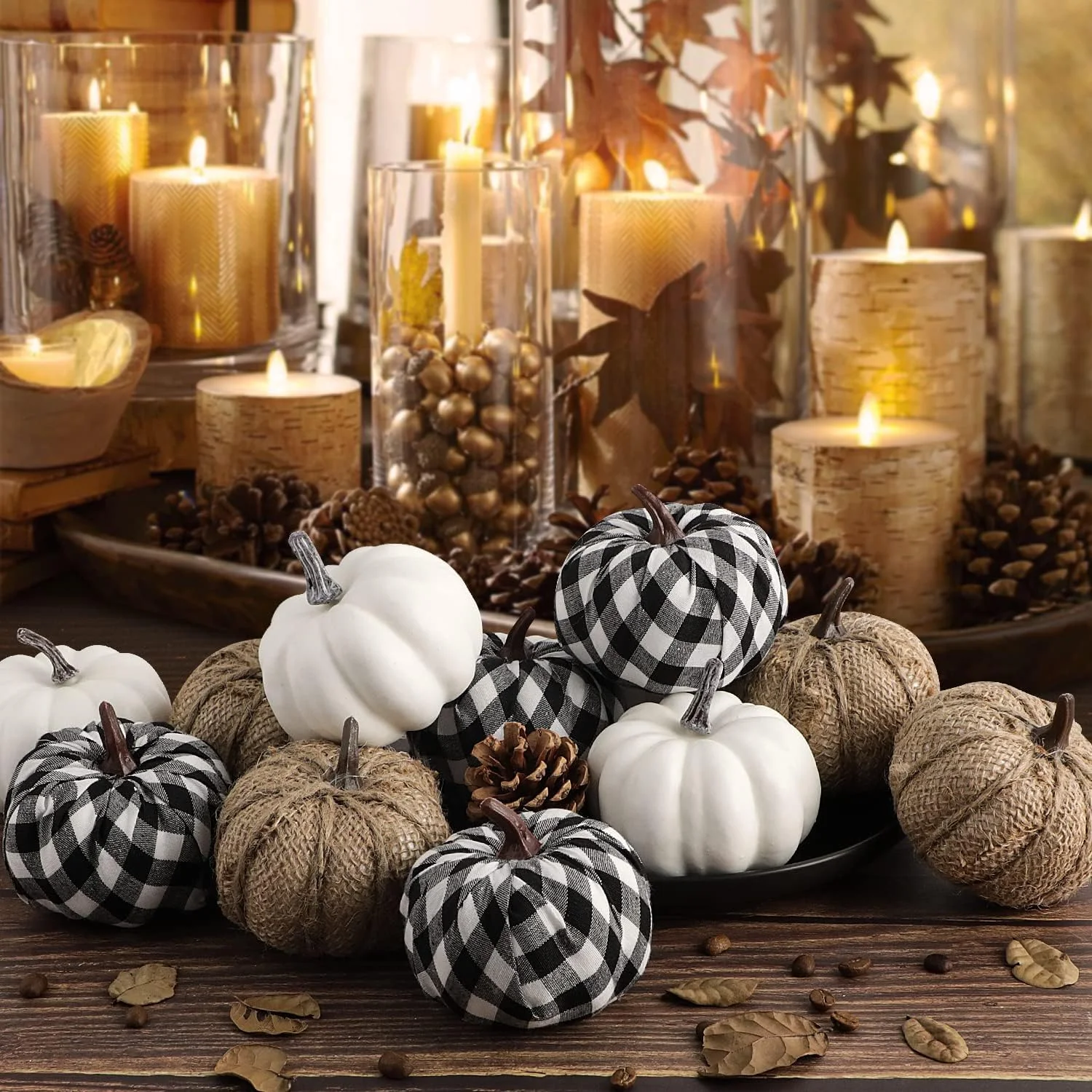 Benjia Decoraciones de otoño de mini Calabaza para afuera, Grandes Calabazas ornamentales de Tela Escocesa En Blanco Y Negro para Halloween, 12 Piezas - Imagen 2