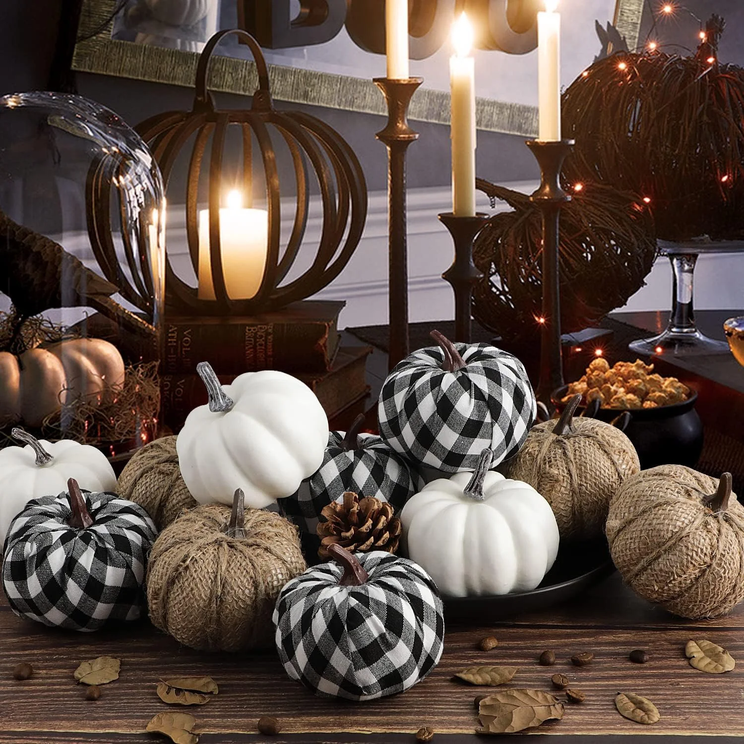 Benjia Decoraciones de otoño de mini Calabaza para afuera, Grandes Calabazas ornamentales de Tela Escocesa En Blanco Y Negro para Halloween, 12 Piezas - Imagen 4
