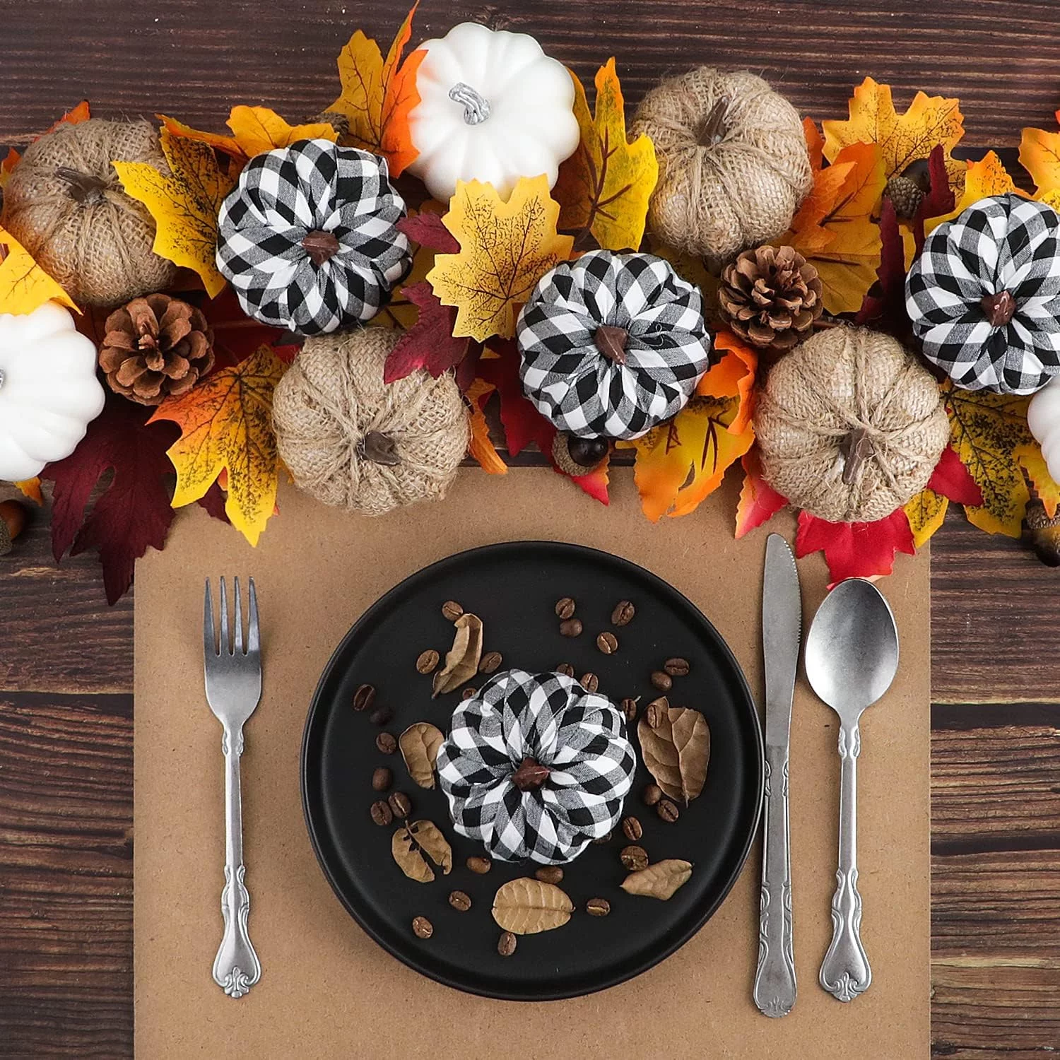 Benjia Decoraciones de otoño de mini Calabaza para afuera, Grandes Calabazas ornamentales de Tela Escocesa En Blanco Y Negro para Halloween, 12 Piezas - Imagen 5