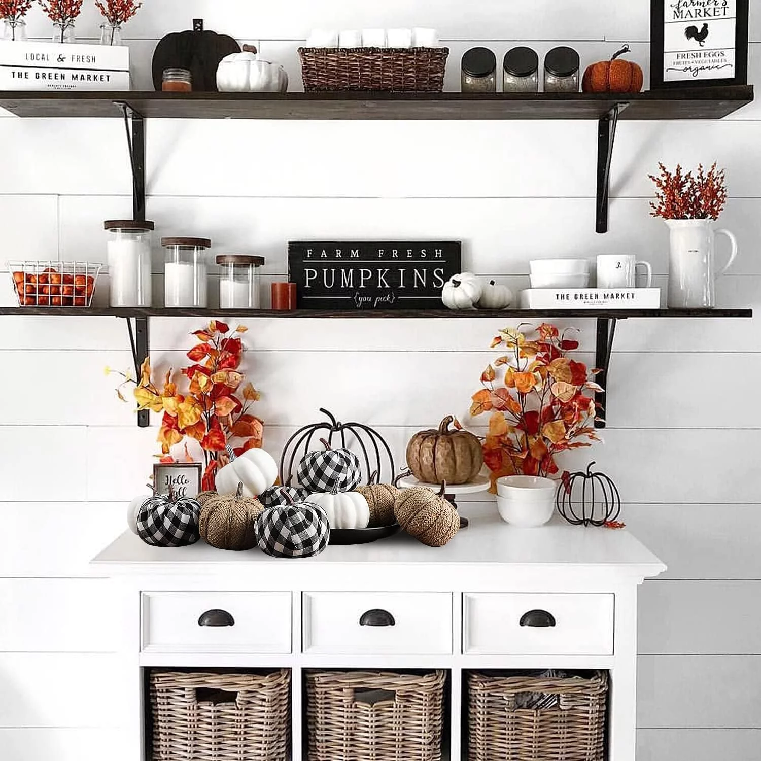 Benjia Decoraciones de otoño de mini Calabaza para afuera, Grandes Calabazas ornamentales de Tela Escocesa En Blanco Y Negro para Halloween, 12 Piezas - Imagen 6