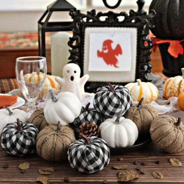 Benjia Decoraciones de otoño de mini Calabaza para afuera, Grandes Calabazas ornamentales de Tela Escocesa En Blanco Y Negro para Halloween, 12 Piezas - Imagen 9