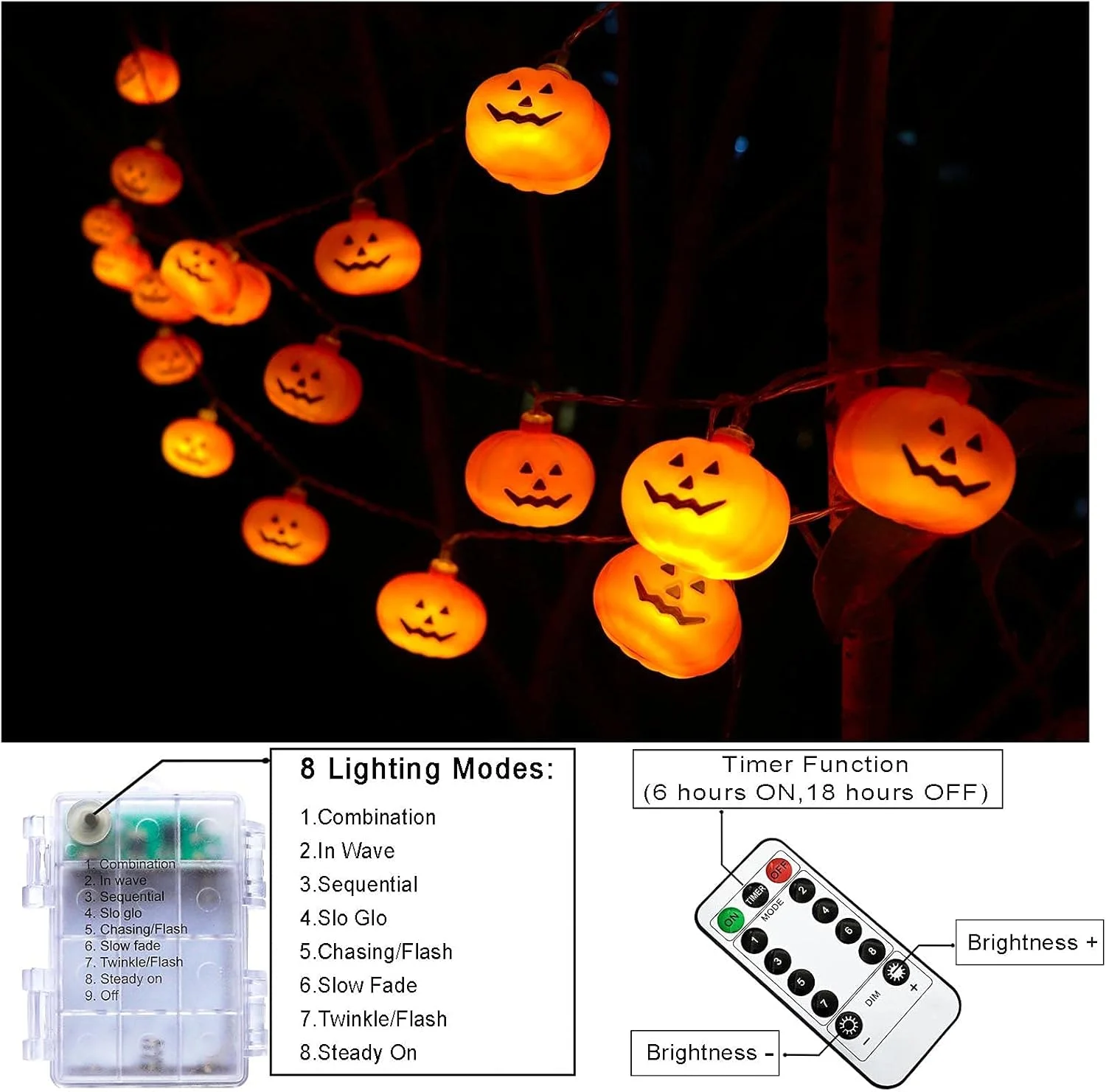 Runleo Halloween Pumpkin String Lights, 30 LED 16.4 ft, 8 Timer Modes, 3D, Waterproof, Orange, Battery Operated, Decorative Twinkle Lights for Indoors - Image 7