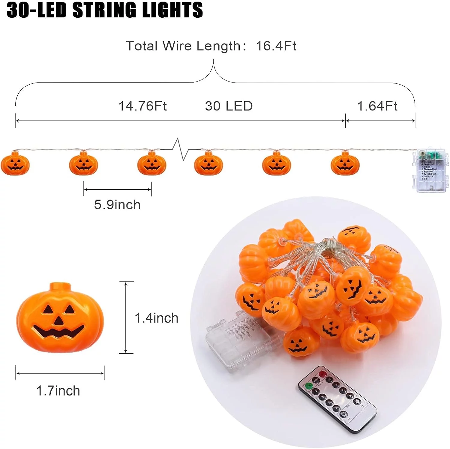 Runleo Halloween Pumpkin String Lights, 30 LED 16.4 ft, 8 Timer Modes, 3D, Waterproof, Orange, Battery Operated, Decorative Twinkle Lights for Indoors - Image 8