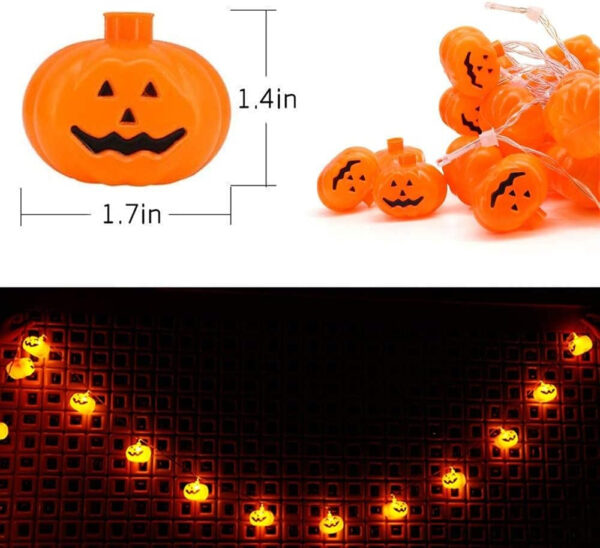 MELEXING - Guirnalda de luces para decoración de Halloween, 10 pies y 20 luces LED de calabaza con pilas para Halloween para interiores y exteriores (2 modos de luces intermitentes y constantes) - Imagen 7