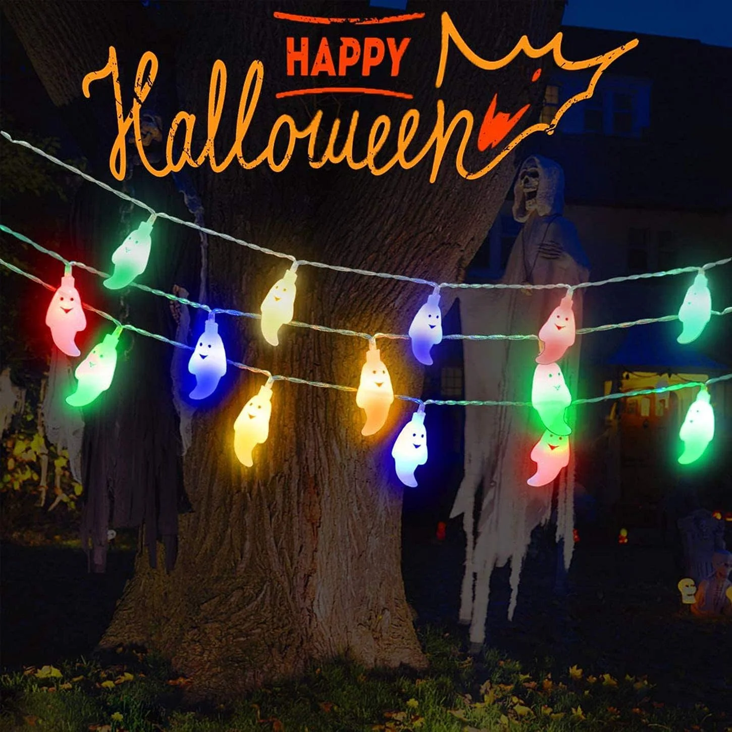 Cadena Luces Halloween, 3M 20 LEDs Luces de Decoración de Halloween,Fantasma Cadena de Luces a Batería,Fantasma String Light, Halloween led String Lights, lámpara de decoración de Halloween - Imagen 3