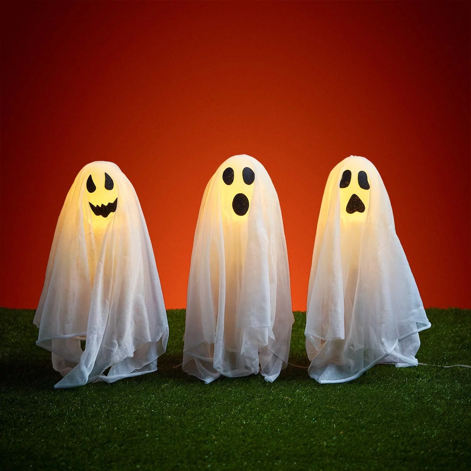 Lights4fun Conjunto de 3 Fantasmas Balizas con LED Blanco Cálido a Pilas para Uso en Exteriores - Imagen 4