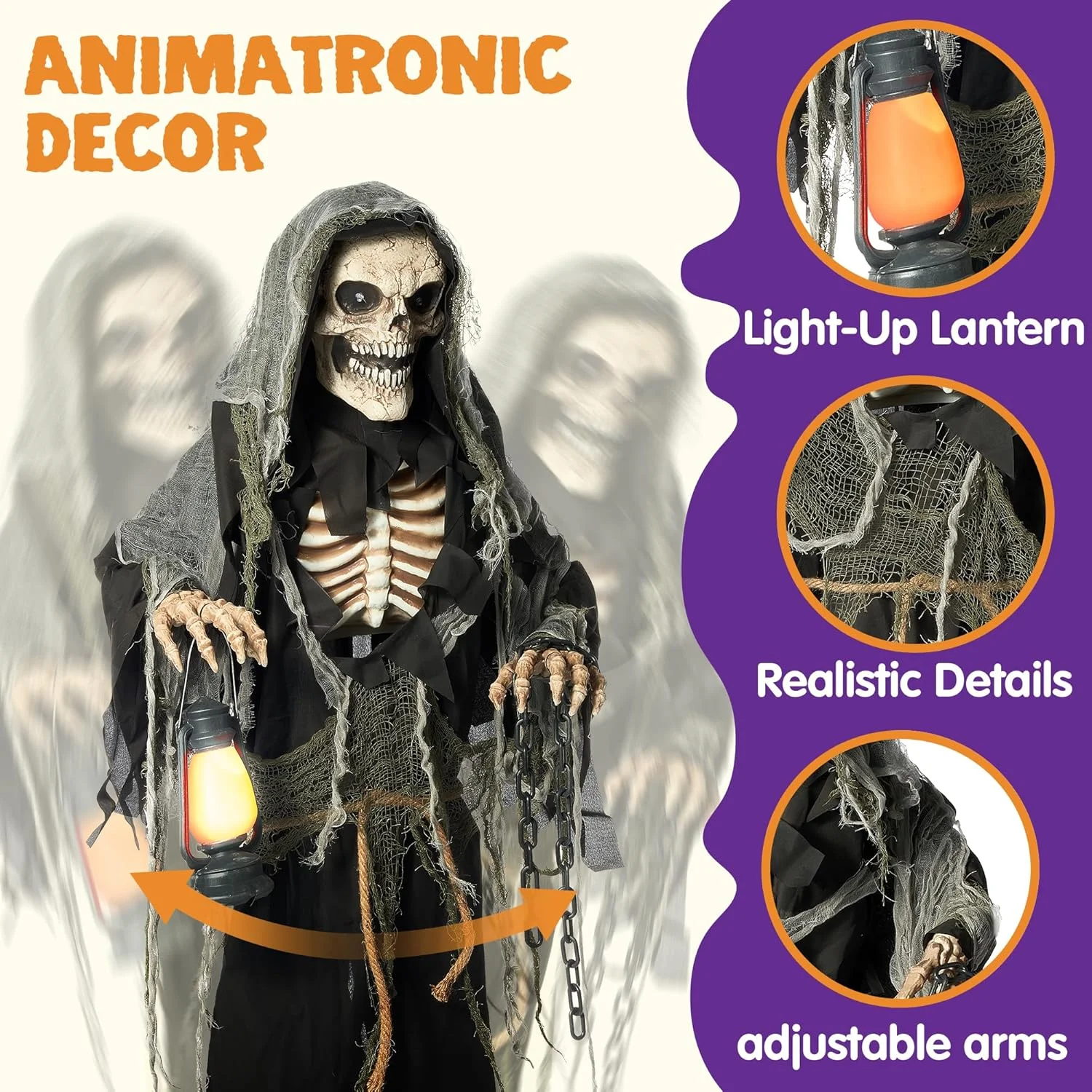 JOYIN 170cm Halloween Animatronic Standing Grim Reaper Decoración Animada con Ojos Aterradores y Brillantes/Sonido Aterrador/Brazos y Cabeza en Movimiento (Activado por Sonido) (copia) - Image 2