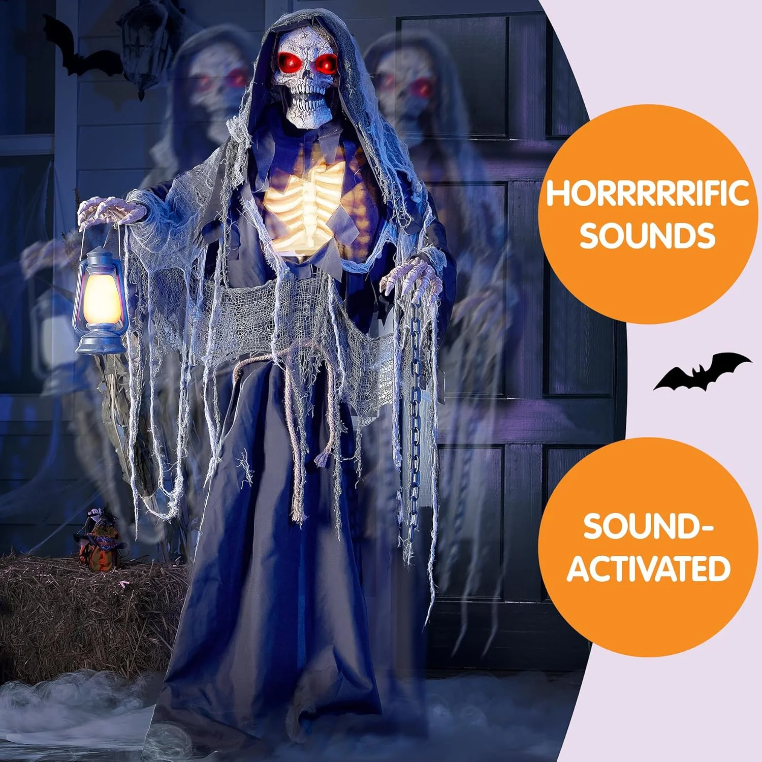 JOYIN 170cm Halloween Animatronic Standing Grim Reaper Decoración Animada con Ojos Aterradores y Brillantes/Sonido Aterrador/Brazos y Cabeza en Movimiento (Activado por Sonido) (copia) - Image 3