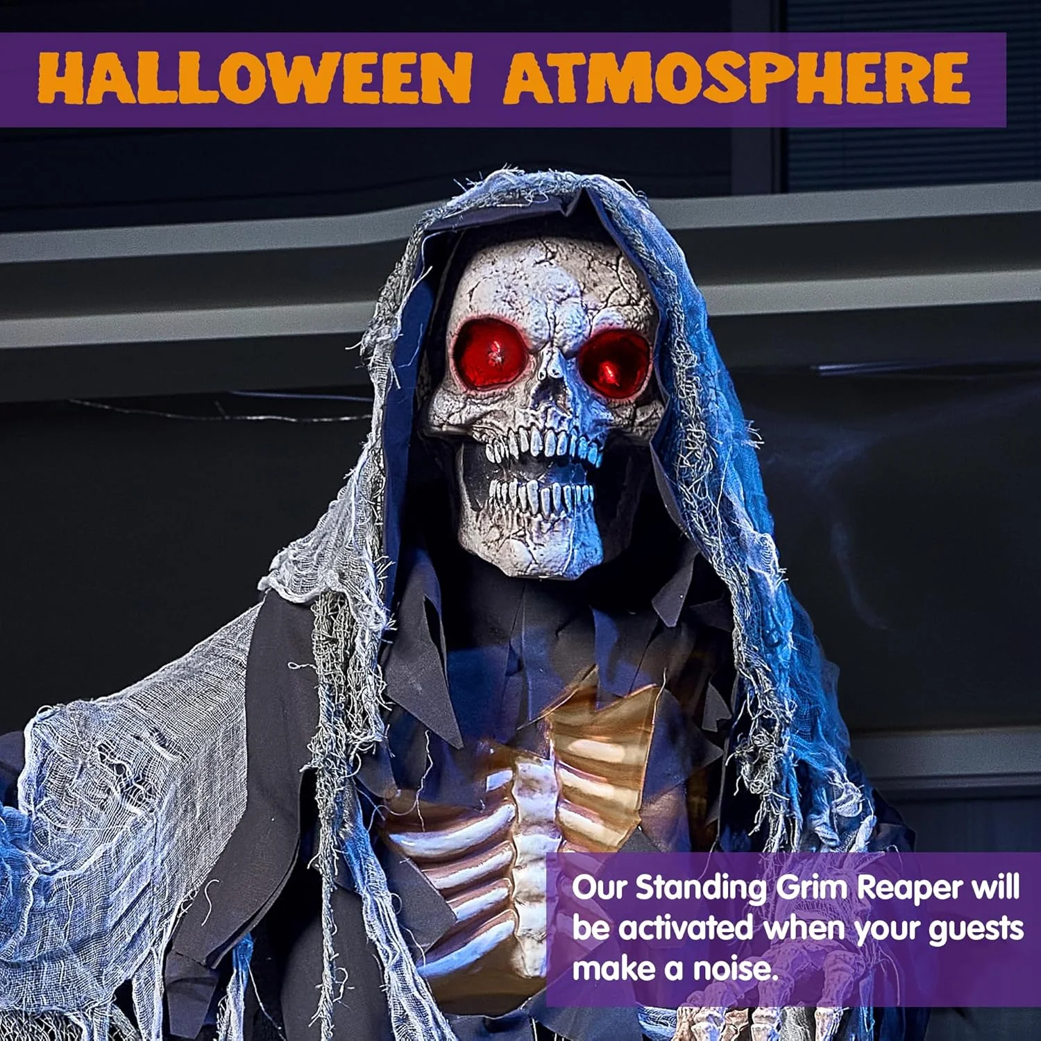 JOYIN 170cm Halloween Animatronic Standing Grim Reaper Decoración Animada con Ojos Aterradores y Brillantes/Sonido Aterrador/Brazos y Cabeza en Movimiento (Activado por Sonido) (copia) - Image 4