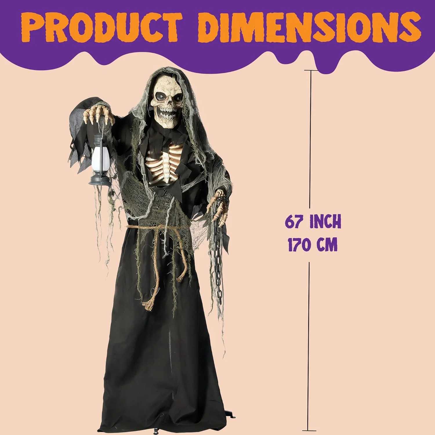 JOYIN 170cm Halloween Animatronic Standing Grim Reaper Decoración Animada con Ojos Aterradores y Brillantes/Sonido Aterrador/Brazos y Cabeza en Movimiento (Activado por Sonido) (copia) - Image 5