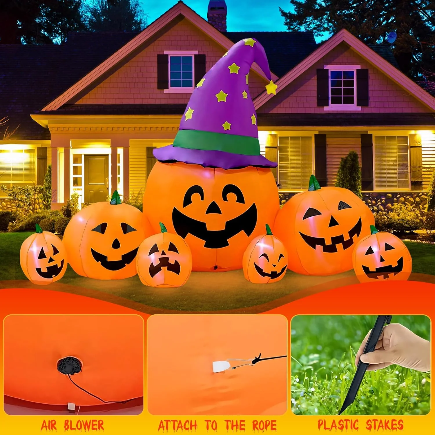 Kalolary 7.9 pies Calabaza Inflable Halloween Decoración, Blow Up Pumpkin Decoración para jardín Inflables Decoraciones para Exteriores con LED incorporados Decoraciones para decoración de jardín - Imagen 6