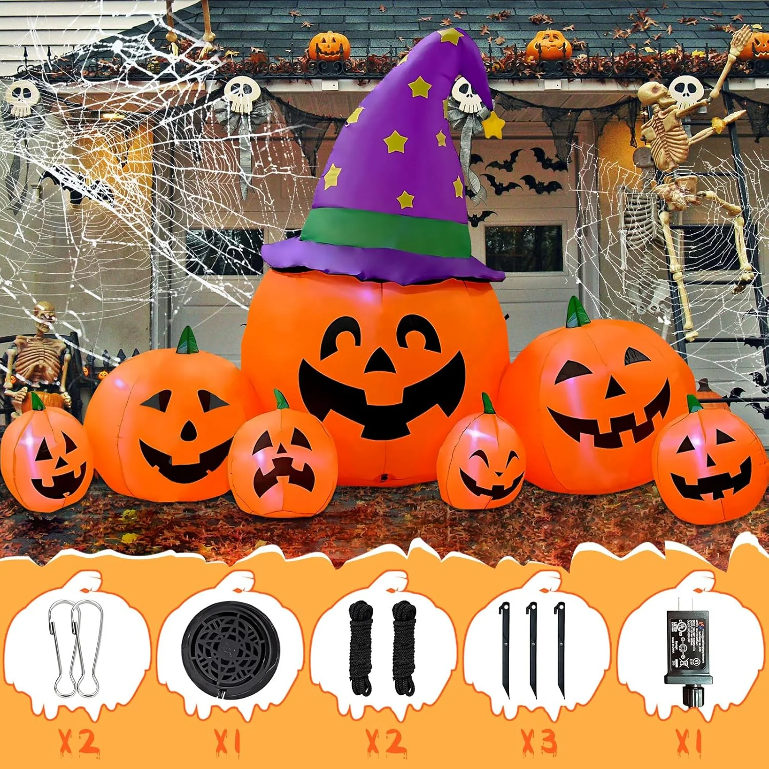 Kalolary 7.9 pies Calabaza Inflable Halloween Decoración, Blow Up Pumpkin Decoración para jardín Inflables Decoraciones para Exteriores con LED incorporados Decoraciones para decoración de jardín - Imagen 7