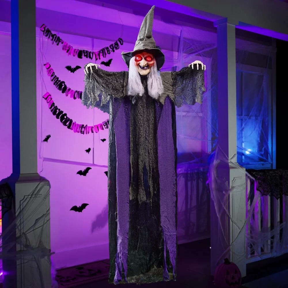 Bruja Colgante de Halloween de 84 Pulgadas con función de activación de Sonido, Bruja Animada para Colgar con Ojos Redondos para Halloween, decoración de jardín, decoración de jardín