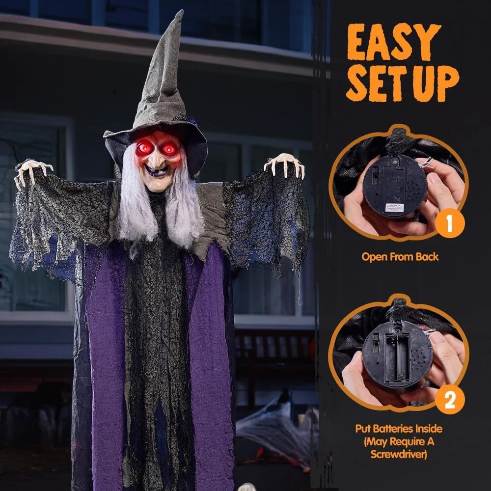 Bruja Colgante de Halloween de 84 Pulgadas con función de activación de Sonido, Bruja Animada para Colgar con Ojos Redondos para Halloween, decoración de jardín, decoración de jardín - Imagen 2