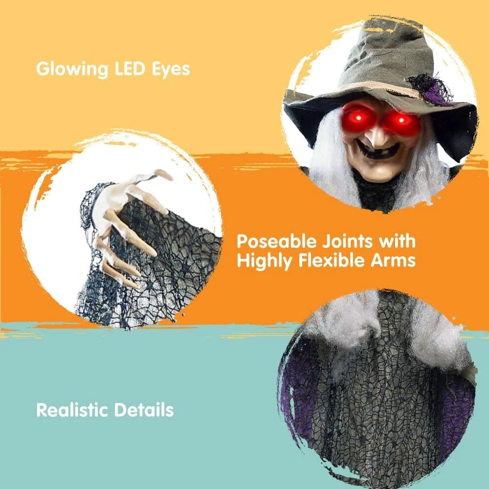 Bruja Colgante de Halloween de 84 Pulgadas con función de activación de Sonido, Bruja Animada para Colgar con Ojos Redondos para Halloween, decoración de jardín, decoración de jardín - Imagen 3