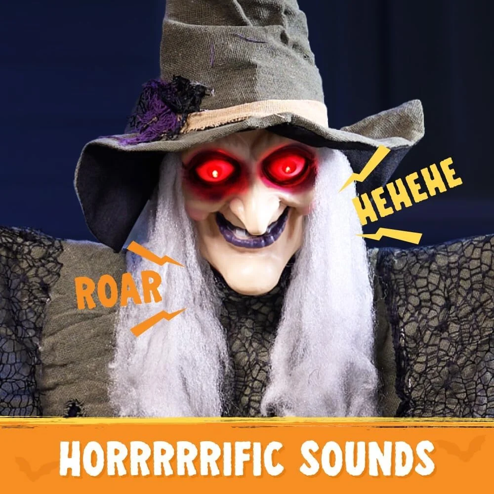 Bruja Colgante de Halloween de 84 Pulgadas con función de activación de Sonido, Bruja Animada para Colgar con Ojos Redondos para Halloween, decoración de jardín, decoración de jardín - Imagen 5