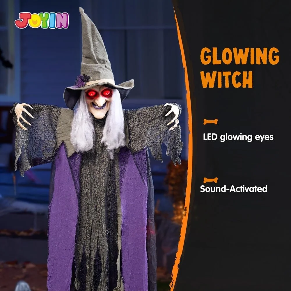 Bruja Colgante de Halloween de 84 Pulgadas con función de activación de Sonido, Bruja Animada para Colgar con Ojos Redondos para Halloween, decoración de jardín, decoración de jardín - Imagen 6