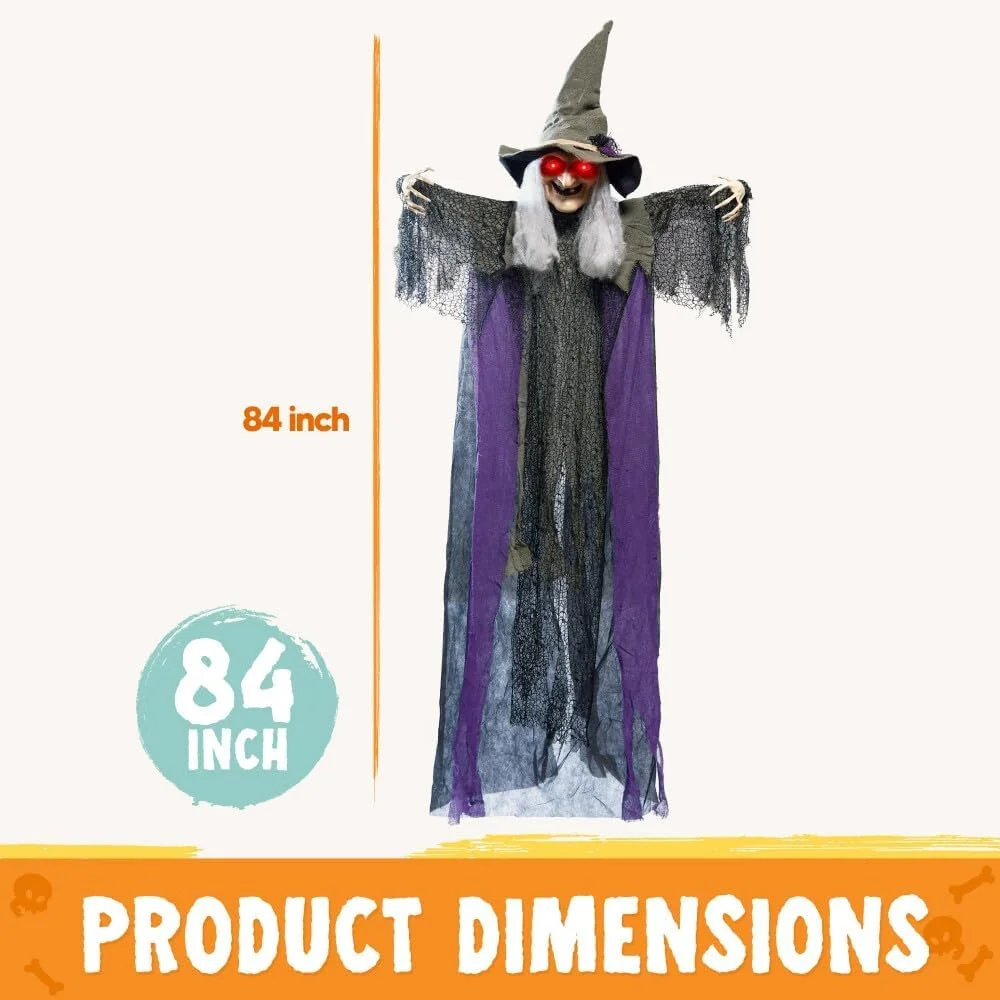 Bruja Colgante de Halloween de 84 Pulgadas con función de activación de Sonido, Bruja Animada para Colgar con Ojos Redondos para Halloween, decoración de jardín, decoración de jardín - Imagen 7