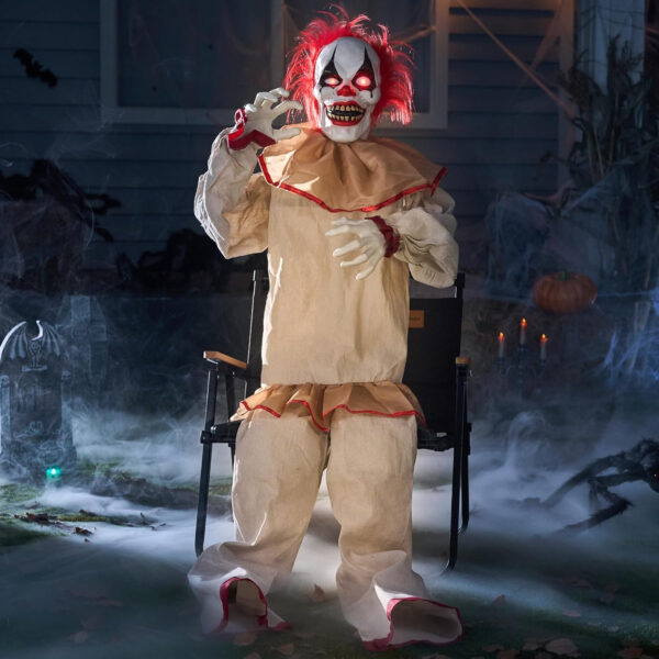 JOYIN Decoración Animatrónica de Payaso Sentado de Halloween de 152 cm con Ojos Brillantes, Sonido Aterrador, Brazos y Cabeza móviles (activados por Sonido y luz) para Casa embrujada