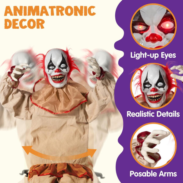 JOYIN Decoración Animatrónica de Payaso Sentado de Halloween de 152 cm con Ojos Brillantes, Sonido Aterrador, Brazos y Cabeza móviles (activados por Sonido y luz) para Casa embrujada - Imagen 3