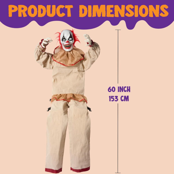 JOYIN Decoración Animatrónica de Payaso Sentado de Halloween de 152 cm con Ojos Brillantes, Sonido Aterrador, Brazos y Cabeza móviles (activados por Sonido y luz) para Casa embrujada - Imagen 6