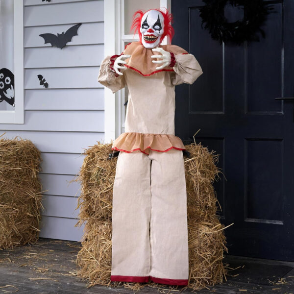 JOYIN Decoración Animatrónica de Payaso Sentado de Halloween de 152 cm con Ojos Brillantes, Sonido Aterrador, Brazos y Cabeza móviles (activados por Sonido y luz) para Casa embrujada - Imagen 7