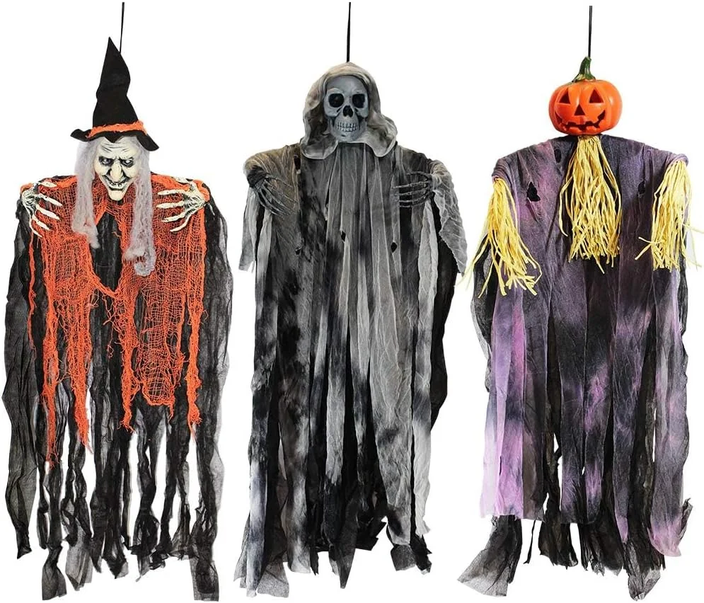 JOYIN 3 Pieces 35.3 Inches Hanging Ghost Halloween Decorations Grim Reaper Witch Hanging for Outdoor Decorations (One Grim Reaper, One Hanging Witch, and One Hanging Grim Reaper)