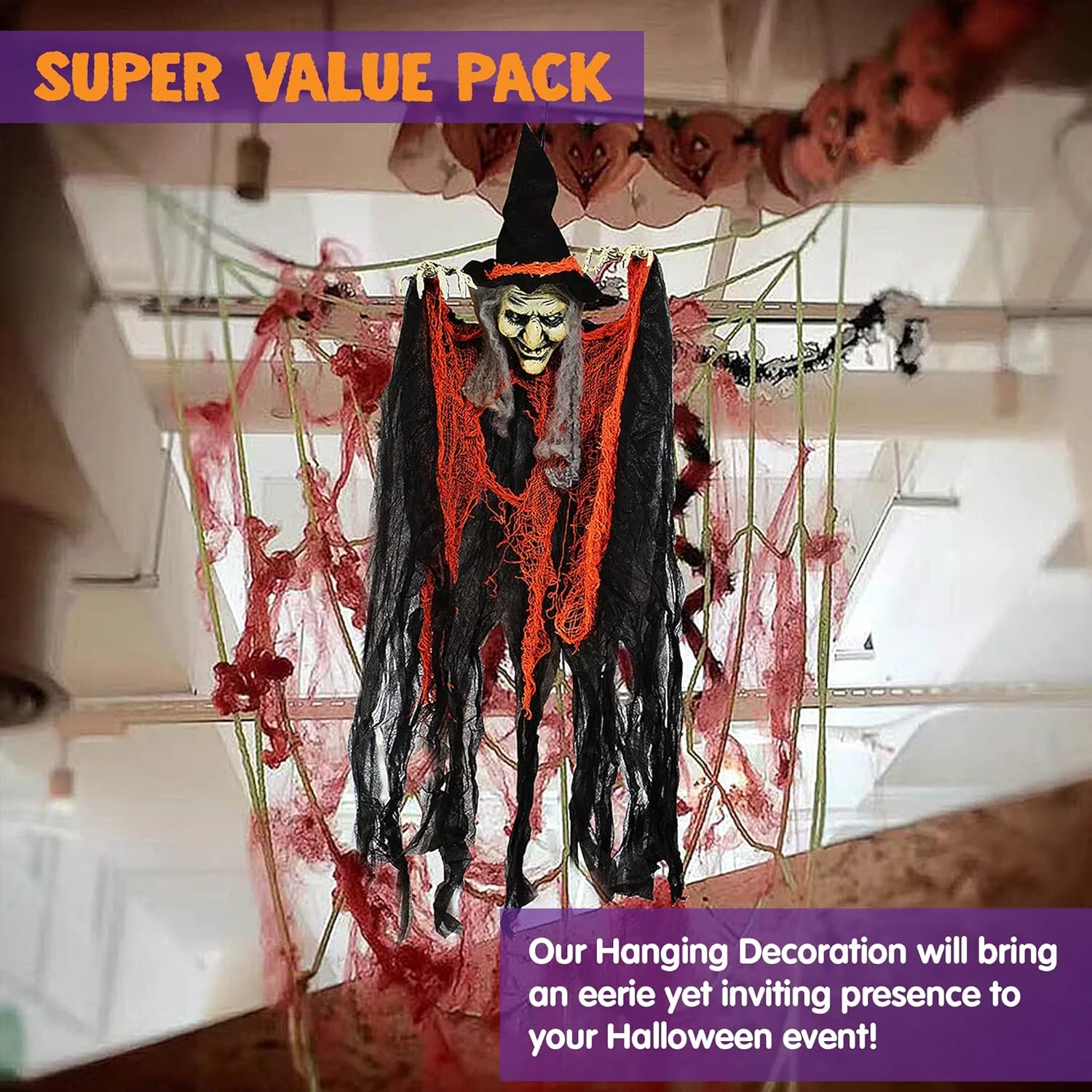JOYIN 3 Pieces 35.3 Inches Hanging Ghost Halloween Decorations Grim Reaper Witch Hanging for Outdoor Decorations (One Grim Reaper, One Hanging Witch, and One Hanging Grim Reaper) - Image 2