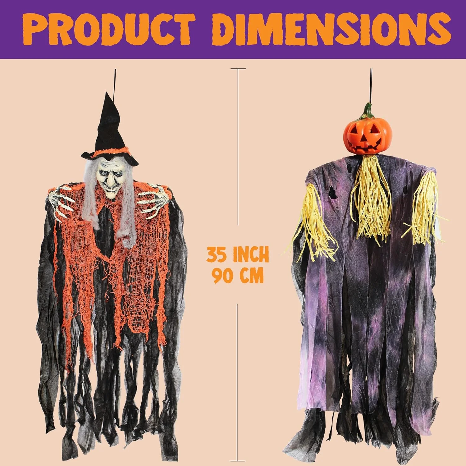JOYIN 3 Pieces 35.3 Inches Hanging Ghost Halloween Decorations Grim Reaper Witch Hanging for Outdoor Decorations (One Grim Reaper, One Hanging Witch, and One Hanging Grim Reaper) - Image 5