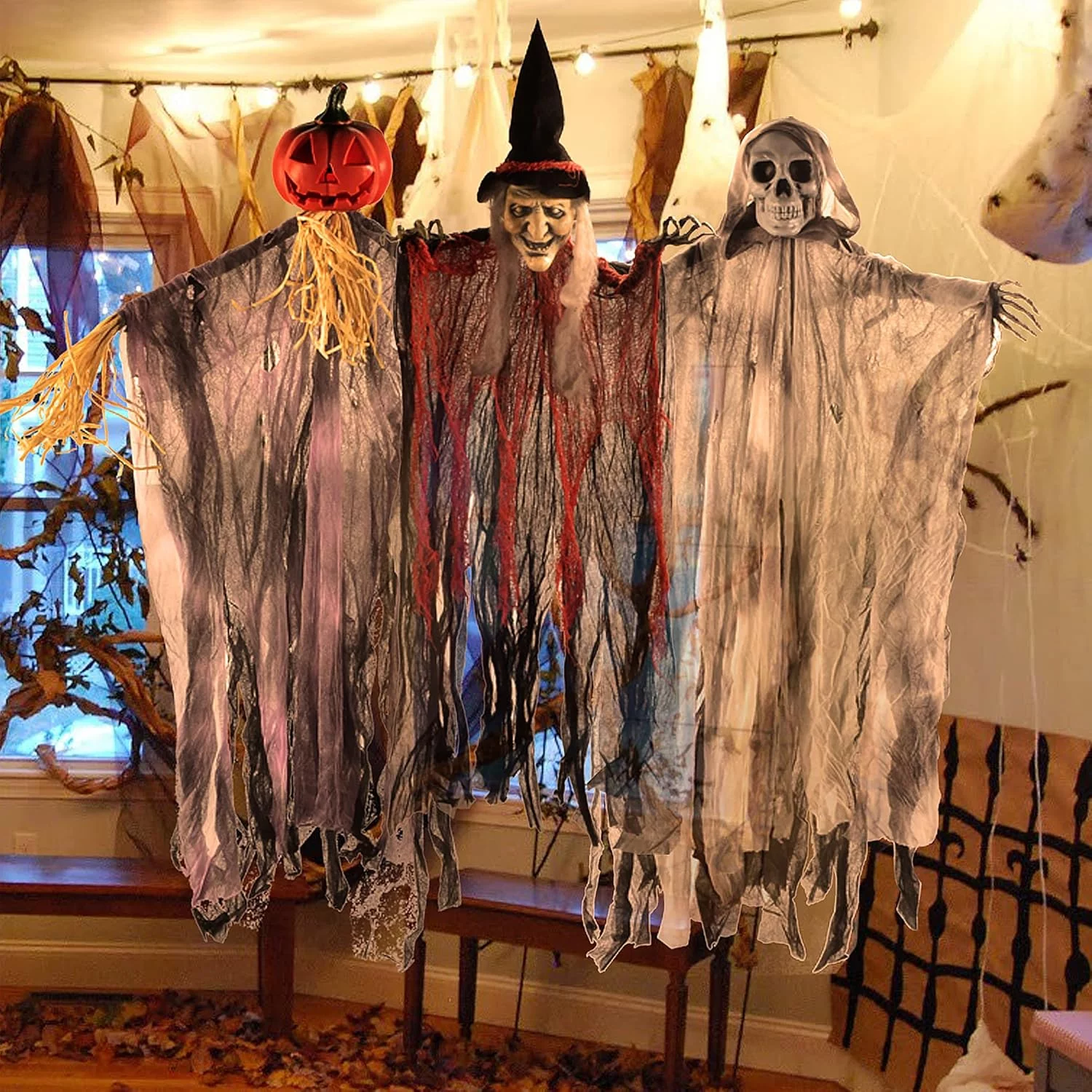 JOYIN 3 Pieces 35.3 Inches Hanging Ghost Halloween Decorations Grim Reaper Witch Hanging for Outdoor Decorations (One Grim Reaper, One Hanging Witch, and One Hanging Grim Reaper) - Image 7