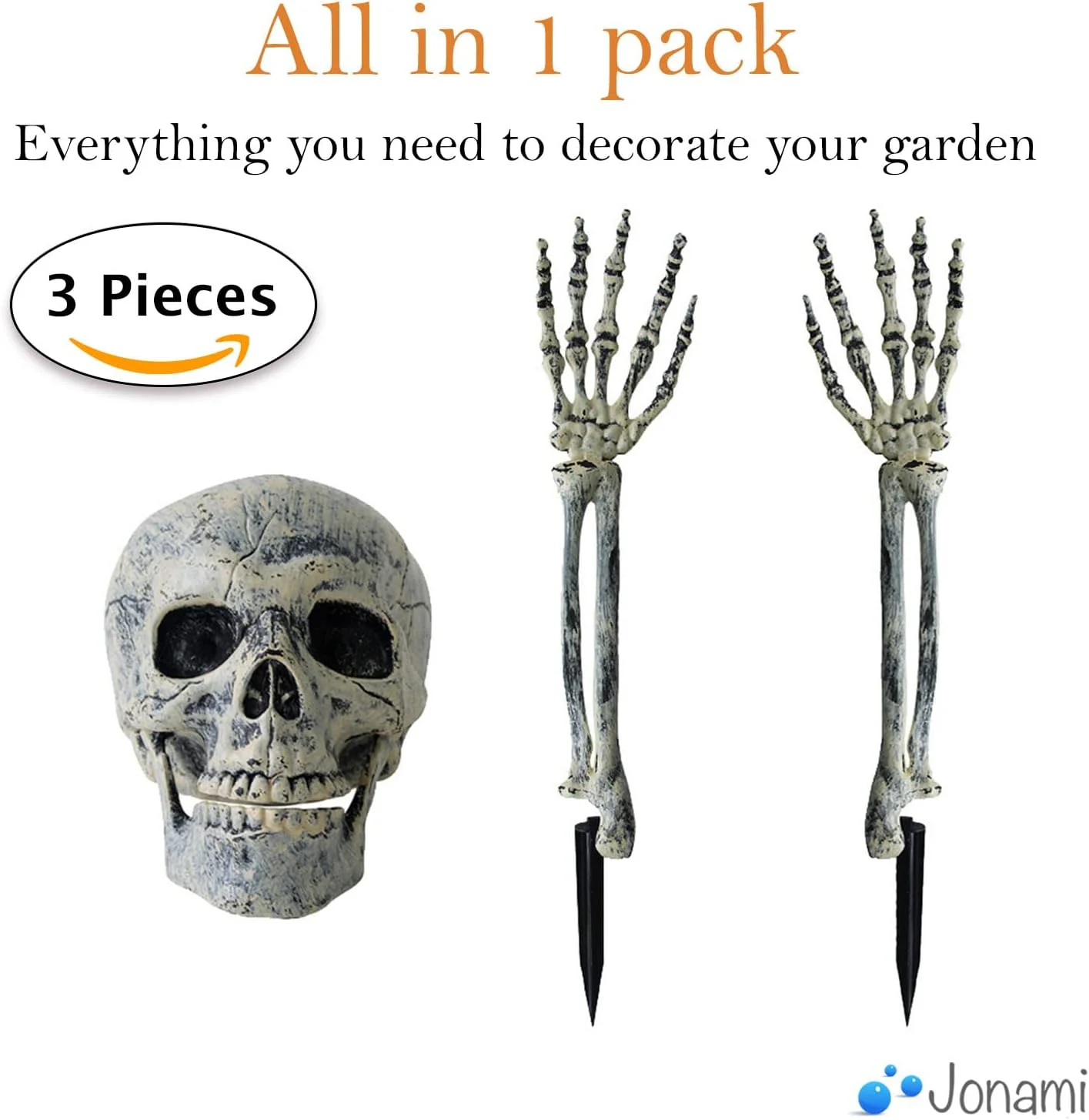 Jonami Decoración Halloween De Cabeza Y Manos De Esqueleto Falso, 3 pcs. Cráneo Falso con Huesos De Mano Realista, Decoración de Halloween De Fiesta En Casa - Imagen 2