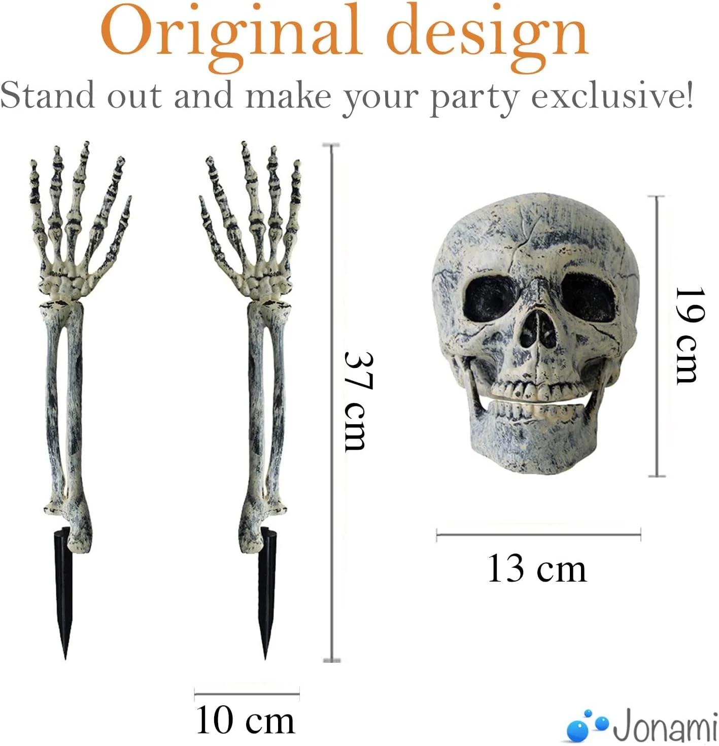 Jonami Decoración Halloween De Cabeza Y Manos De Esqueleto Falso, 3 pcs. Cráneo Falso con Huesos De Mano Realista, Decoración de Halloween De Fiesta En Casa - Imagen 3