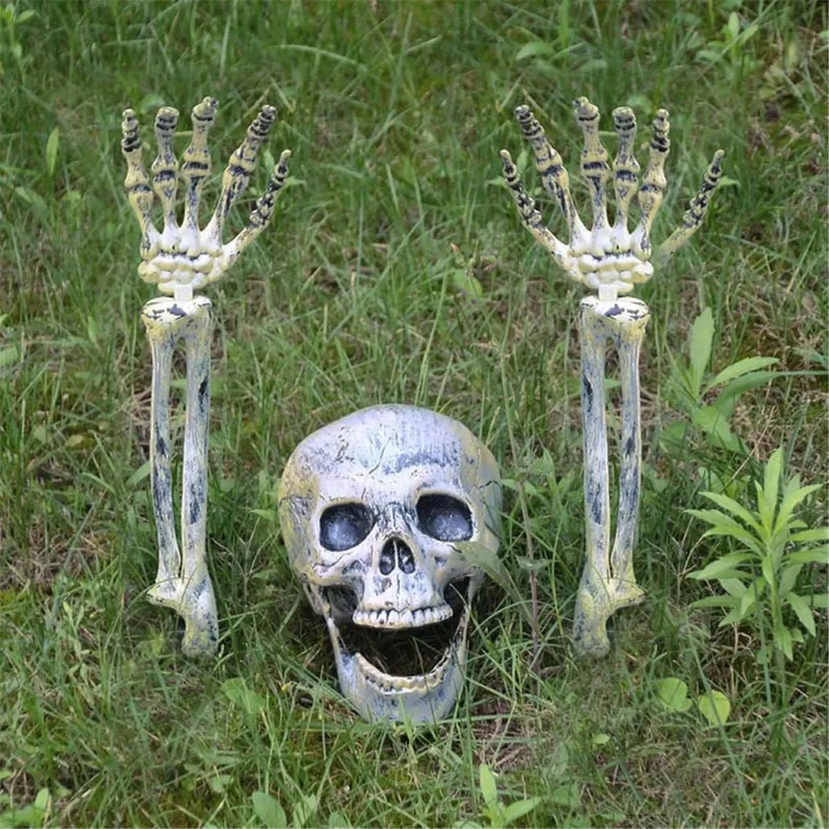 Jonami Decoración Halloween De Cabeza Y Manos De Esqueleto Falso, 3 pcs. Cráneo Falso con Huesos De Mano Realista, Decoración de Halloween De Fiesta En Casa - Imagen 5