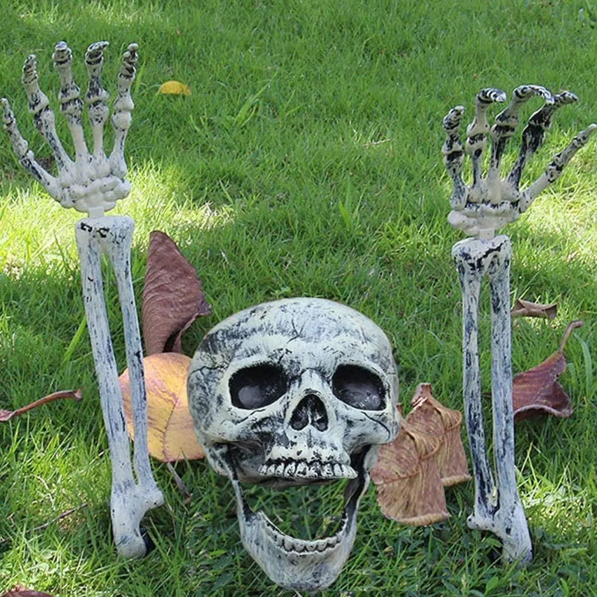 Jonami Decoración Halloween De Cabeza Y Manos De Esqueleto Falso, 3 pcs. Cráneo Falso con Huesos De Mano Realista, Decoración de Halloween De Fiesta En Casa - Imagen 7