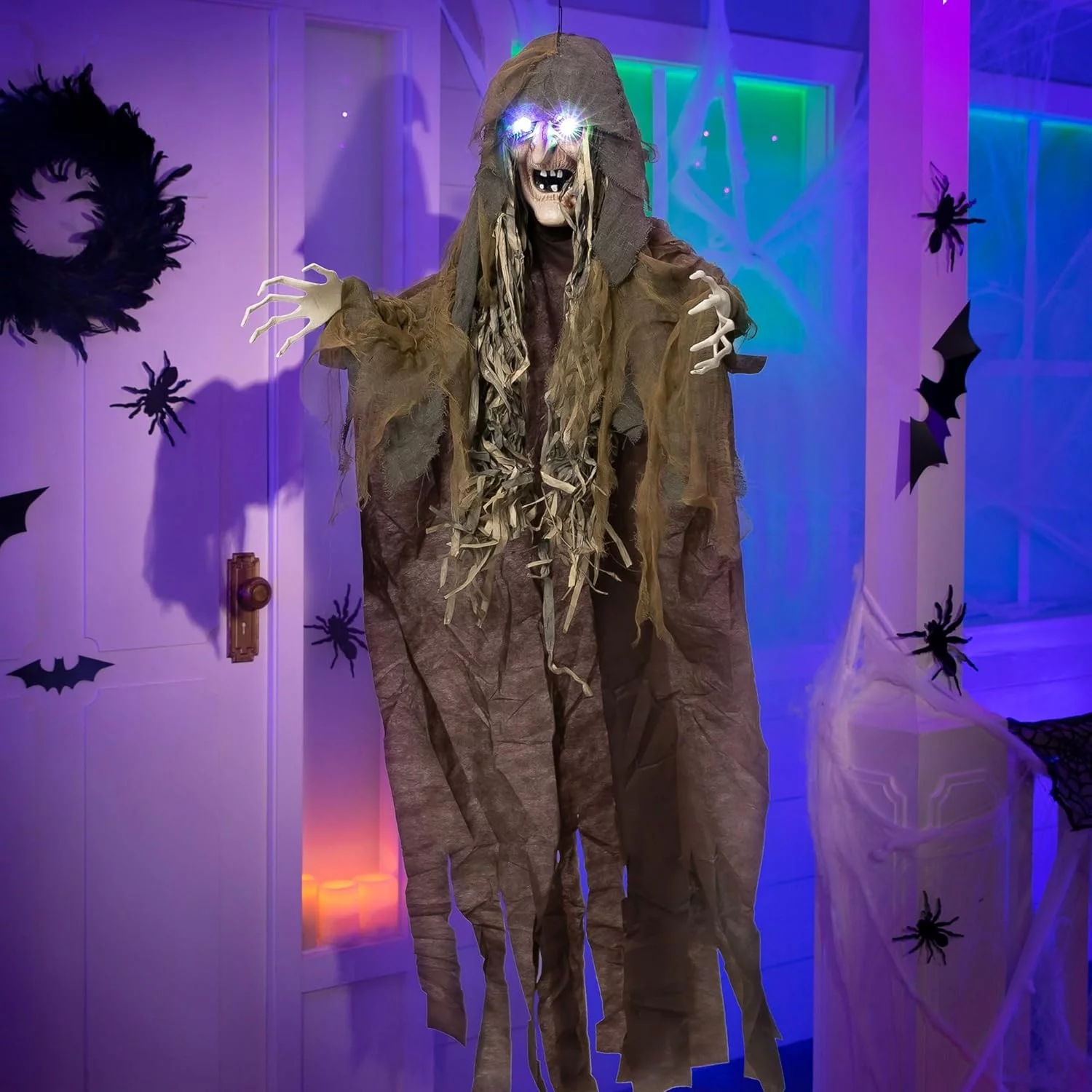 63-Inch Hanging Halloween Witch Decoration, Hanging Witch with Sound, Light-up Eyes, and Creepy Sound for Outdoor/Indoor Haunted House Halloween Decoration