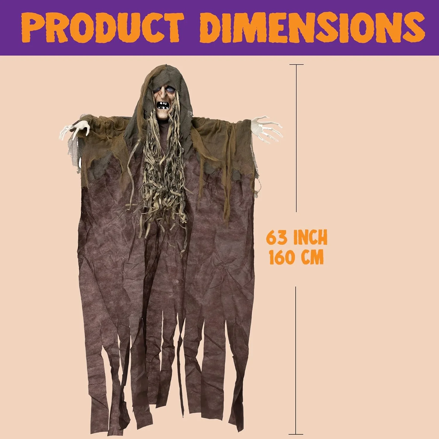 63-Inch Hanging Halloween Witch Decoration, Hanging Witch with Sound, Light-up Eyes, and Creepy Sound for Outdoor/Indoor Haunted House Halloween Decoration - Image 2