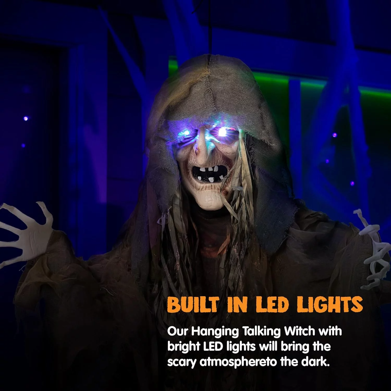 63-Inch Hanging Halloween Witch Decoration, Hanging Witch with Sound, Light-up Eyes, and Creepy Sound for Outdoor/Indoor Haunted House Halloween Decoration - Image 4
