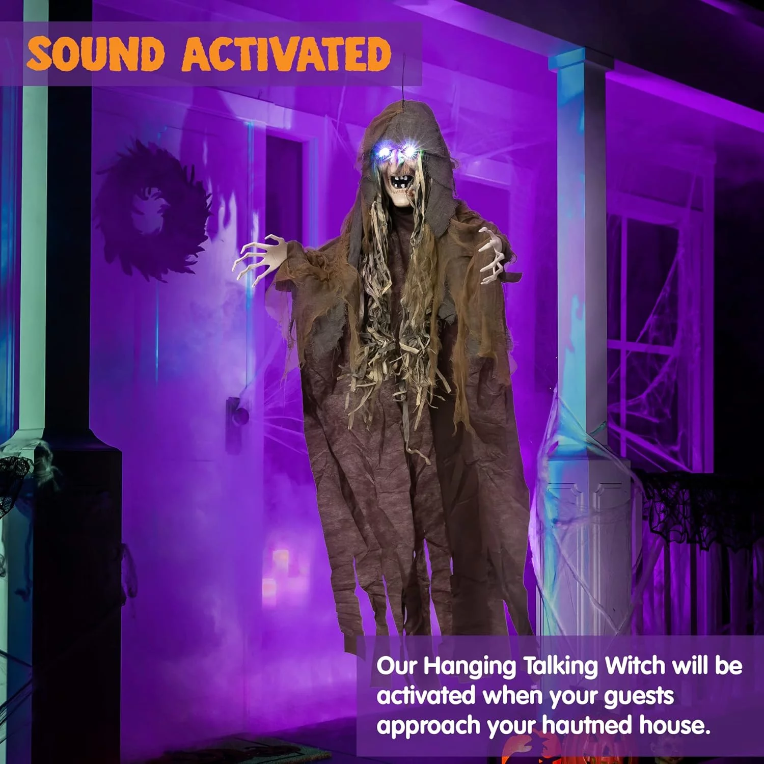 63-Inch Hanging Halloween Witch Decoration, Hanging Witch with Sound, Light-up Eyes, and Creepy Sound for Outdoor/Indoor Haunted House Halloween Decoration - Image 5