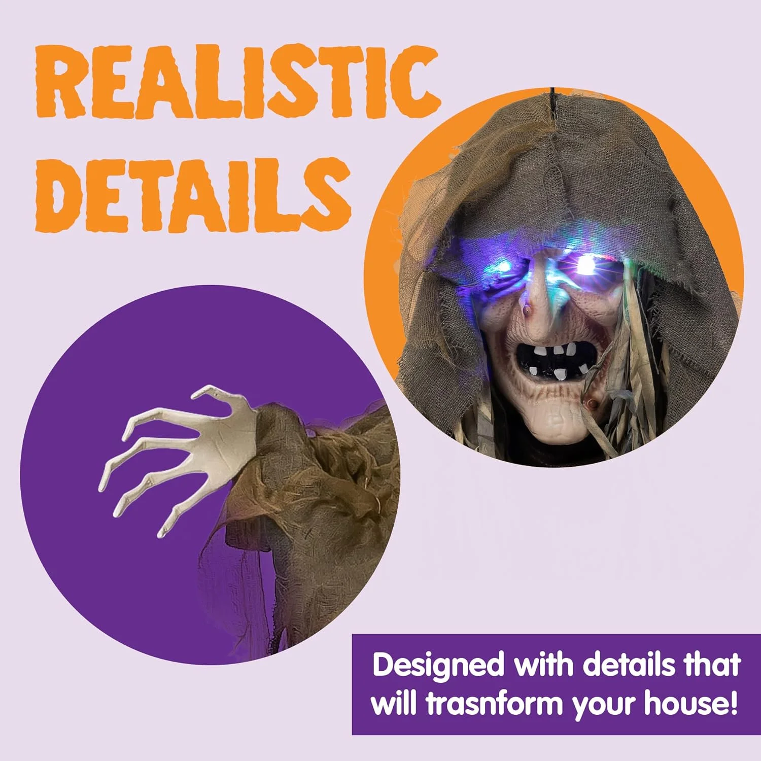 63-Inch Hanging Halloween Witch Decoration, Hanging Witch with Sound, Light-up Eyes, and Creepy Sound for Outdoor/Indoor Haunted House Halloween Decoration - Image 6