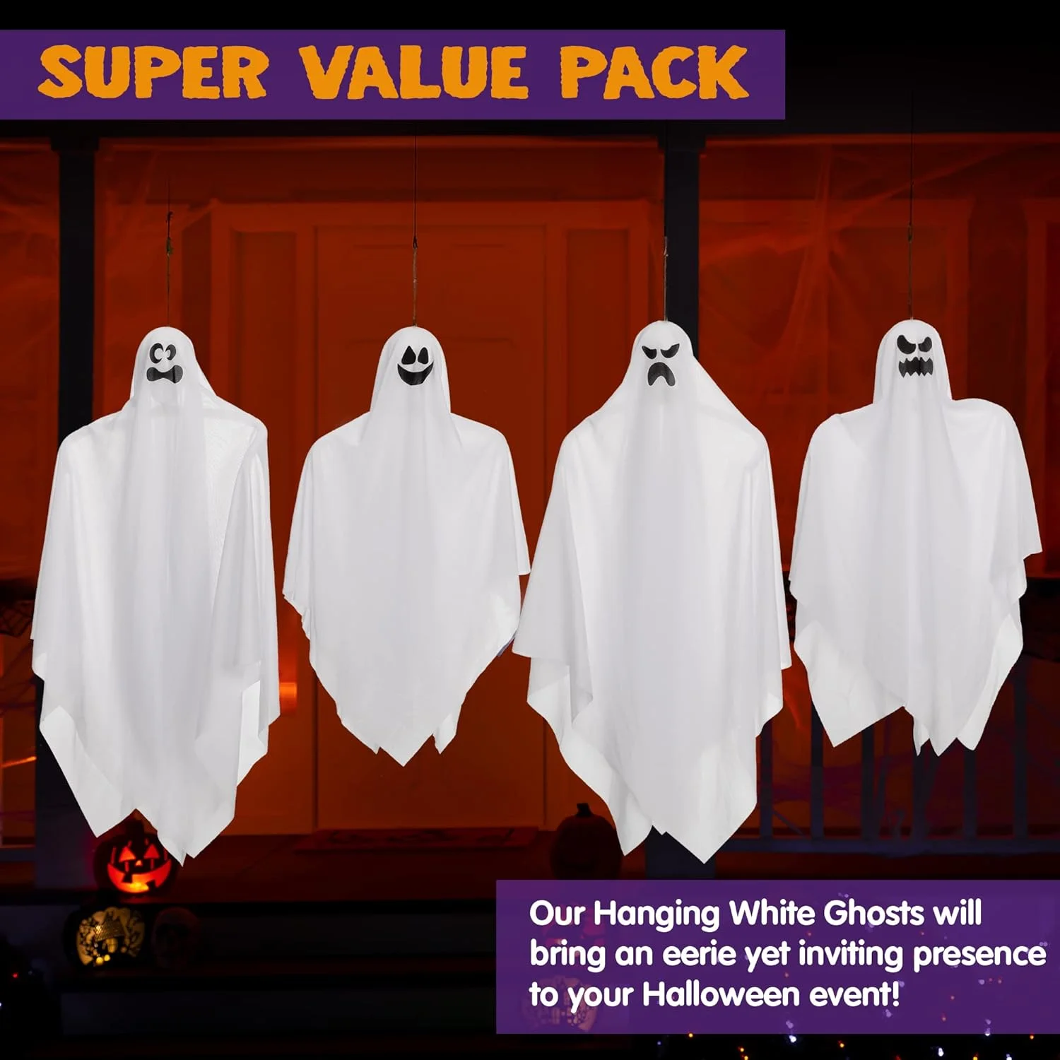 JOYIN Hanging Halloween Ghosts (4 Packs) Two 35.5" and Two 27.5" for Halloween Party Decoration, Cute Flying Ghost - Image 4